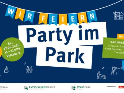 Werbebanner für Party im Park, blauer Hintergrund